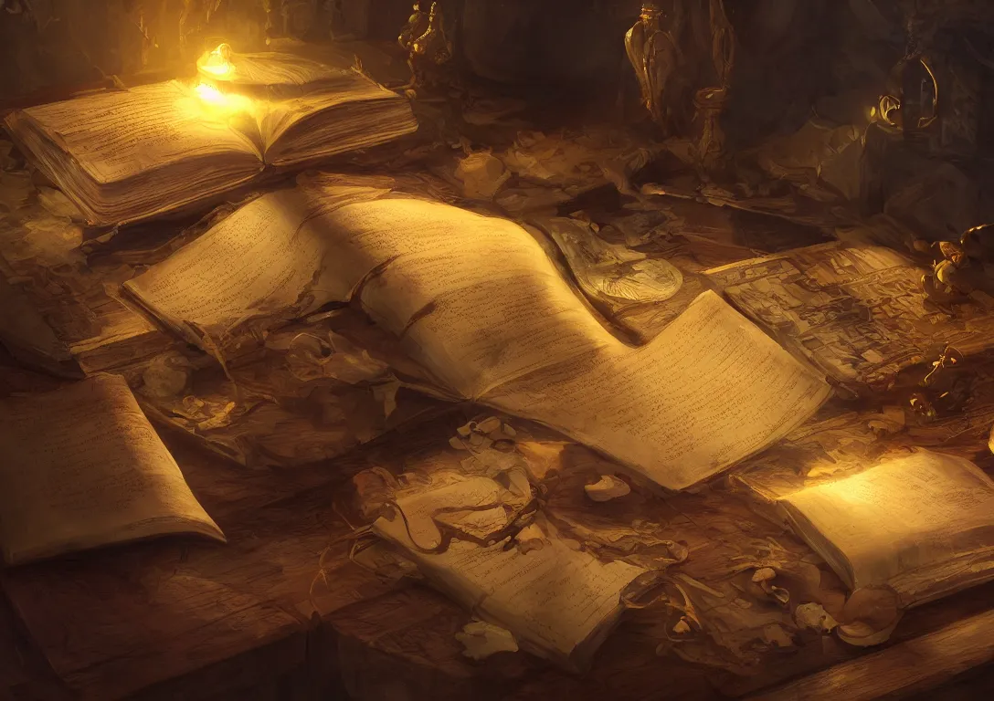 Image similar to a painting of a magical book laying open on a desk, fantasy concept art, golden hour, cinematic lighting, highly detailed