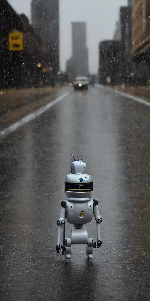 Image similar to robot on the road, city, photo, rain,