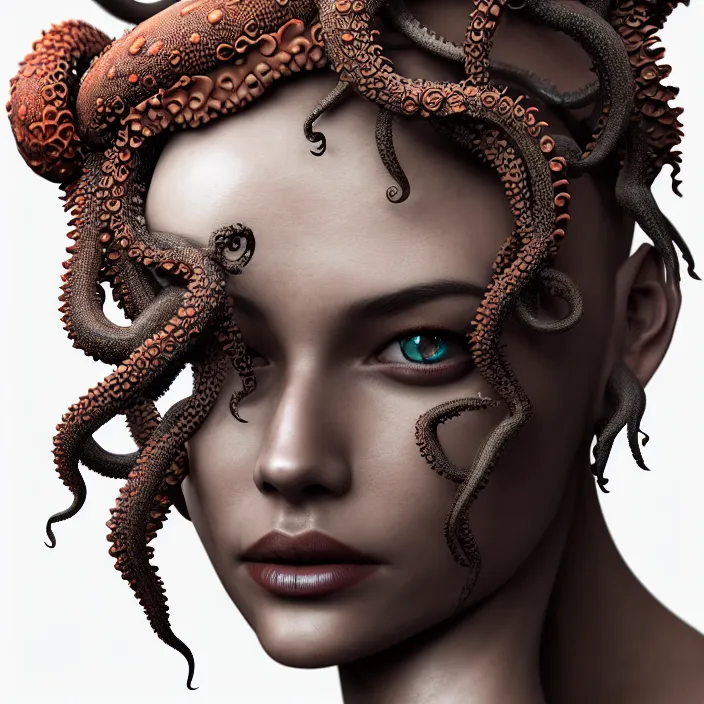 Prompt: front view portrait of a beautiful dark water goddess, scale skin, entwined in seaweed coral octopus crown, highly detailed, sci - fi, intricate, decadent, highly detailed, octane render, concept art, smooth, sharp focus, hyperrealistic