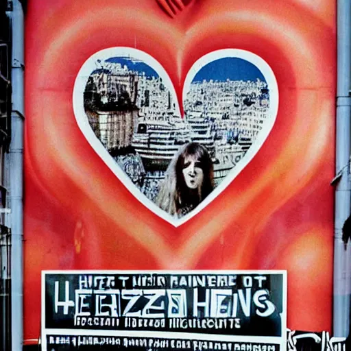 Image similar to a giant poster in 1 9 7 0 s paris that says herz inside a huge heart hq photo