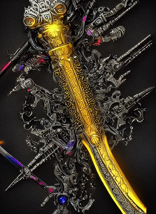 Prompt: legendary glowing sword of cybernetic technology, intricate, sharp black and iridescent blade, ornate gothic baroque spikes coming out, colorful hilt, vivid detailed realistic, ray tracing, colored gems, golden pommel, artstation, deviantart