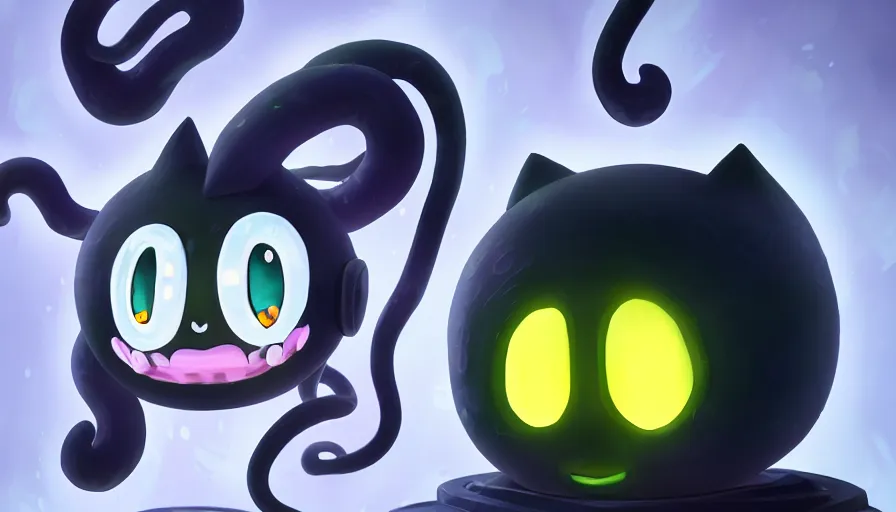 Image similar to a digital art portrait of black slime cat with tentacles character design from slime rancher, cute black liquid ink cat with yellow eyes character sheet, 4 k, ultra detail, volumetric lighting, unreal engine, octane render