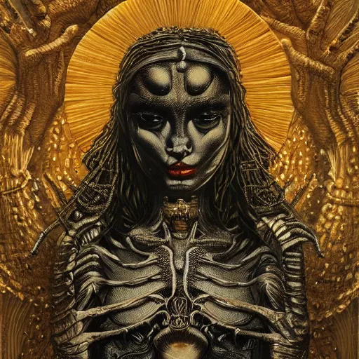 Prompt: Goddess of the golden harvest painting by Dan Hillier and H. R. Giger and Greg Rutkowski, intricate, highly detailed, trending on artstation, artstationHD, artstationHQ, 4k, 8k, sharp, rich vivid colors