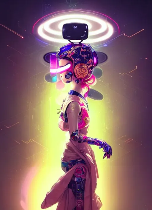Image similar to portrait of female japanese android wearing a vr headgear and in an elaborate kimono dress, hologram hovering around her, intricate detail, cyber neon lighting, highly detailed, beautiful wide angle photography, artstation, glamor pose, concept art, art by peter mohrbacher, pinterest, artstation,