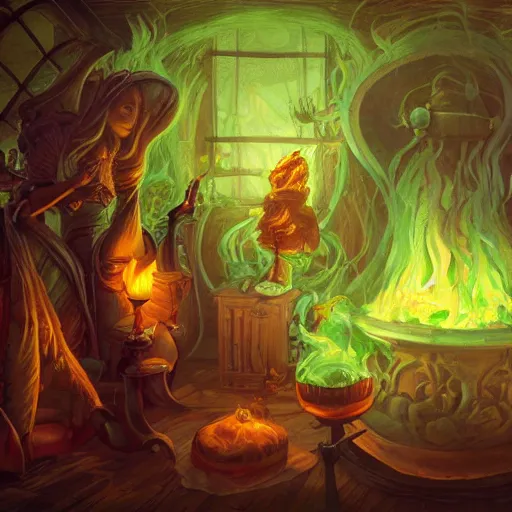 Image similar to wide shot of an old fire witch brewing in the style of flooko, detailed, fire, smoke, realism, realistic, hyper detailed, green lighting, ambient lighting, smoke, haze,