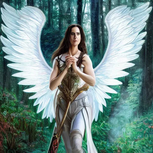 Image similar to A beautiful detailed painting of jennifer connelly as a female angel warrior in a magical forest by john sargent and Kalin Popov , Trending on artstation HD.