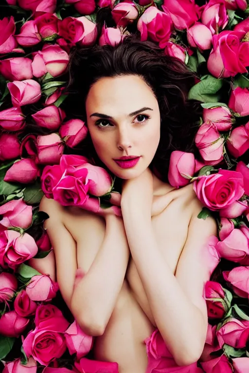 Image similar to full body fine art photo of the beauty gal gadot, she is lying down and merging from pink roses, taken by oleg oprisco