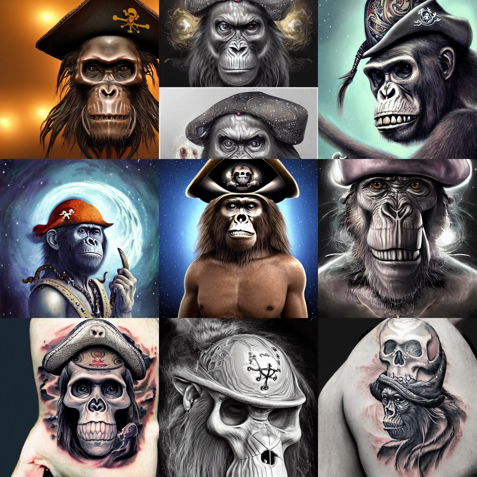 Prompt: a wlop 3 d render of very very very very highly detailed beautiful mystic portrait of a young'ape skull'pirate in a hat with whirling galaxy around, tattoos by anton pieck, intricate, extremely detailed, digital painting, artstation, concept art, smooth, sharp focus, illustration, intimidating lighting, incredible art,