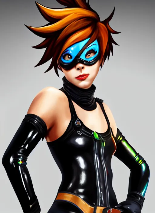 Image similar to oil painting digital artwork of tracer overwatch, confident pose, wearing black iridescent rainbow latex, 4 k, expressive happy smug expression, makeup, in style of mark arian, wearing leather collar, wearing sleek full body armor, black leather harness, expressive detailed face and eyes,