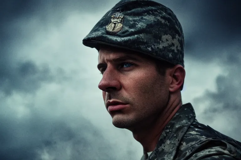 Prompt: a cinematic headshot photograph of a soldier, stormy weather, smokey, film still, cinematic, dramatic lighting, blue color theme, by zack snyder