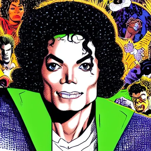 Image similar to dynamic macro head portrait of beautiful michael jackson super hero in white sequined jacket by john romita sr and cory walker and ryan ottley and jack kirby and barry windsor - smith, comic, illustration, photo real