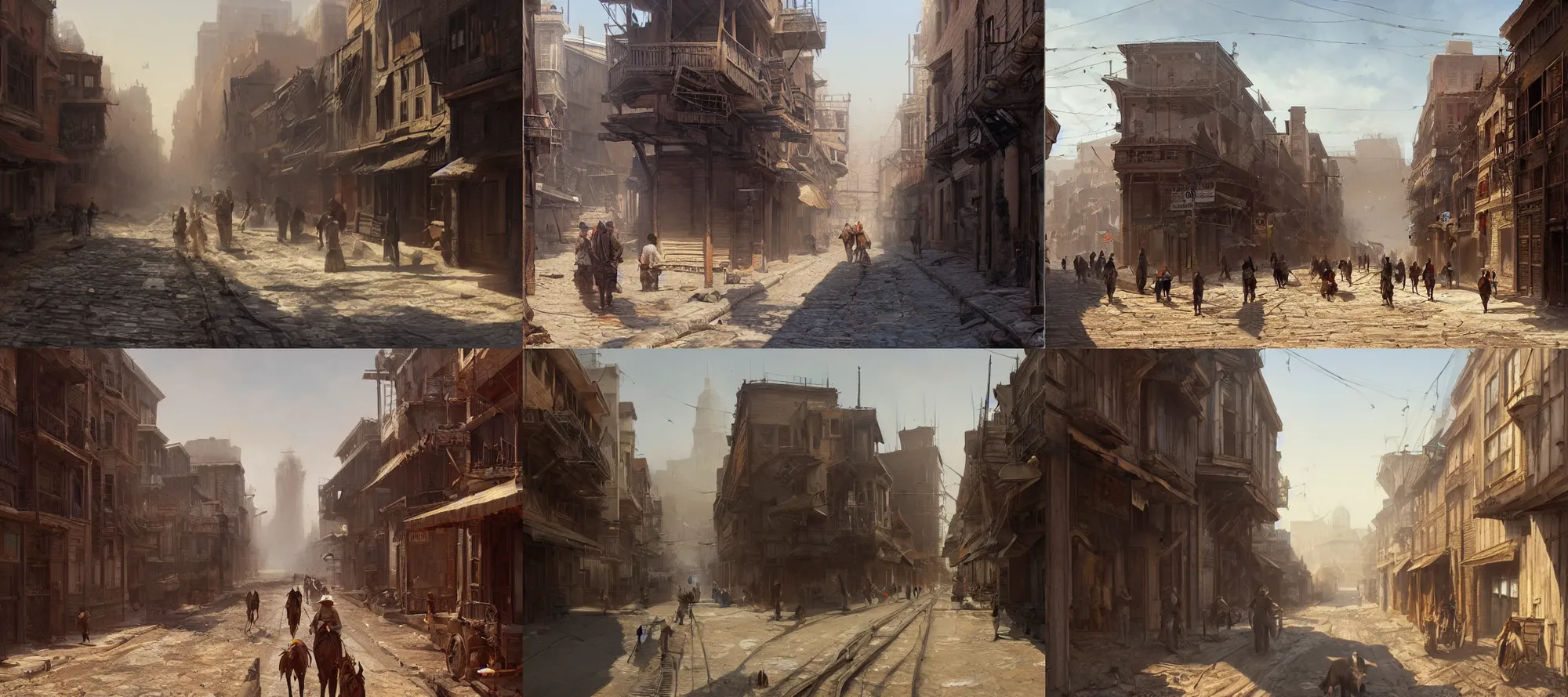 Prompt: a 1 8 4 0's western city street, hot and dry, dusty, architecture, a realistic digital painting by greg rutkowski and james gurney, trending on artstation, very highly detailed, 8 k