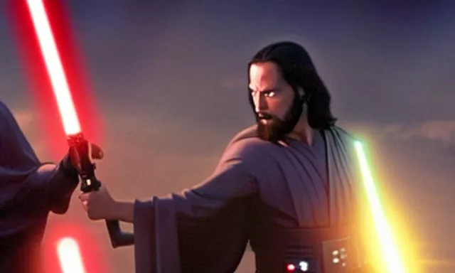 Prompt: full shot photograph of super jesus christ defeating darth vader, using a cross - shaped gold lightsaber, photorealistic, cinematic lighting, extremely detailed, star wars