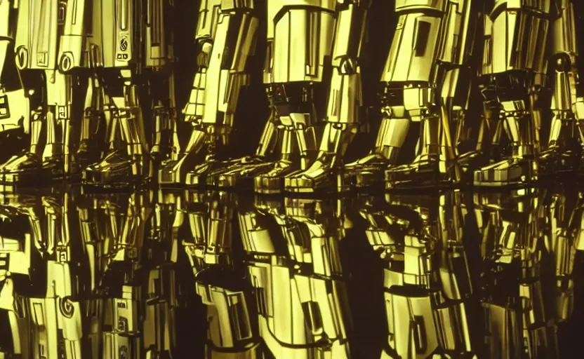 Image similar to screenshot portrait of Luke Skywalker with a fleet of a dozen chrome C-3P0 droids, iconic scene from 1980s film by Stanley Kubrick, 4k, cinematic still frame, surreal sci fi architecture, portrait photoreal, detailed face, moody lighting, stunning cinematography, hyper detailed, sharp, anamorphic lenses, kodak color film stock