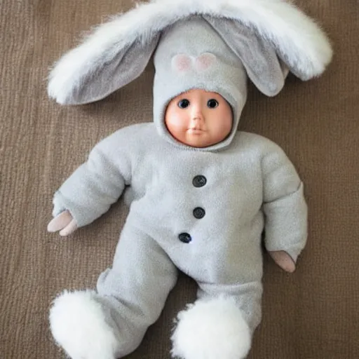 Prompt: a cute plush doll made to look like a baby wearing a grey fluffy bunny suit