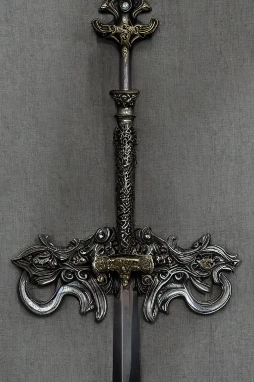 Prompt: sword of justice hanging on a wall, ornate gem in pommel, engraved blade, tip on a pillow