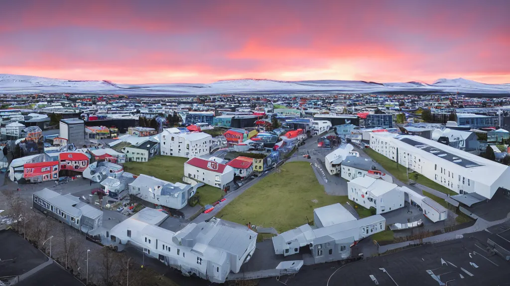 Image similar to reykjavik junior college, sunset lighting, rim light, hyper realistic, cinematic frame