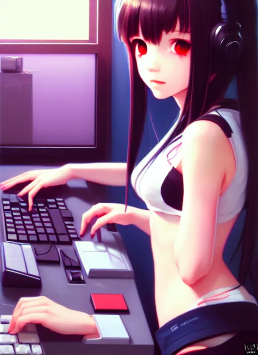 Prompt: a film still polaroid portrait of a young gamersgirl at her computer, detailed features, perfect art, busy room, hd, gapmoe yandere, trending on pixiv, focussed painted art, by wlop, ilya kuvshinov, artgerm, krenz cushart, pixiv