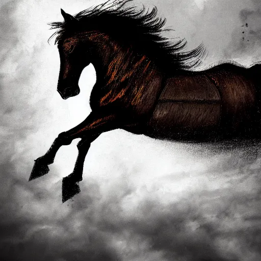 Prompt: a horseman on a black horse, dark fantasy, grey clouds, colorful background, highly detailed, realistic, storm, medieval, dramatic lighting, painting