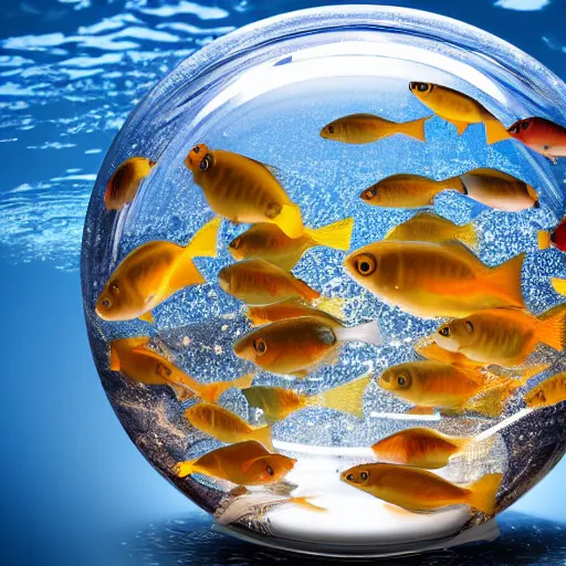 Prompt: photo of fish swimming inside a transparent sphere, high detail, 4k, complex