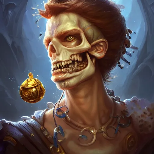 Prompt: a mind - blowing portrait of rayman wearing a human skull, deep focus, d & d, fantasy, intricate, elegant, highly detailed, digital painting, artstation, concept art, matte, sharp, illustration, hearthstone, art by artgerm and greg rutkowski and alphonse mucha