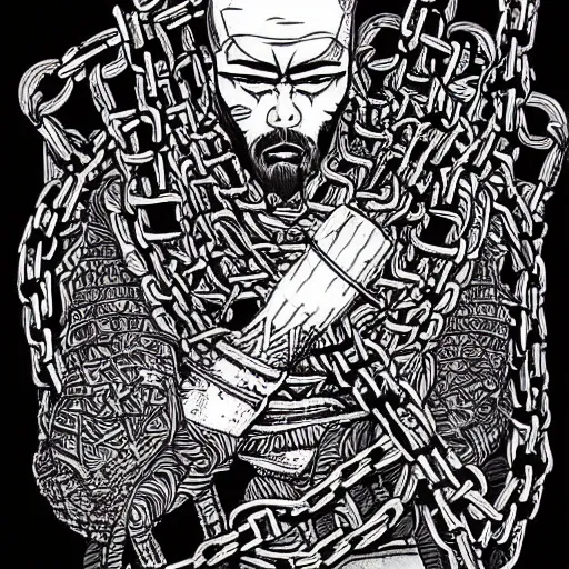 Image similar to samurai wrapped in chains ,ink art