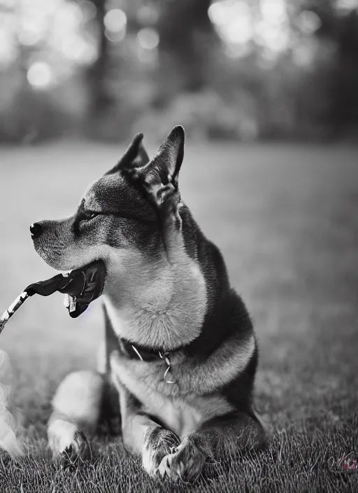 Image similar to Digital art of Shibu Inu smoking, 35mm, f/1.4, Golden Hour light, ,