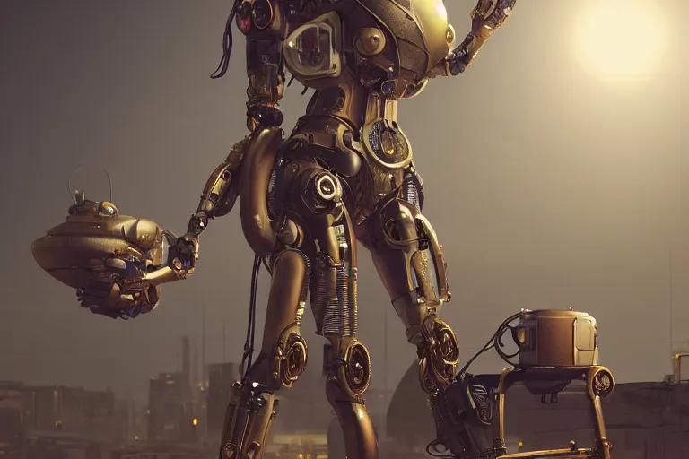 Prompt: a giant robotic female, steampunk, night, atmospheric lighting, trending in artstation, octane render, 4k,