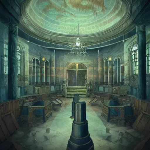 Image similar to eldritch legislature, fantasy illustration, realistic colorful photography, interior, hyperrealism