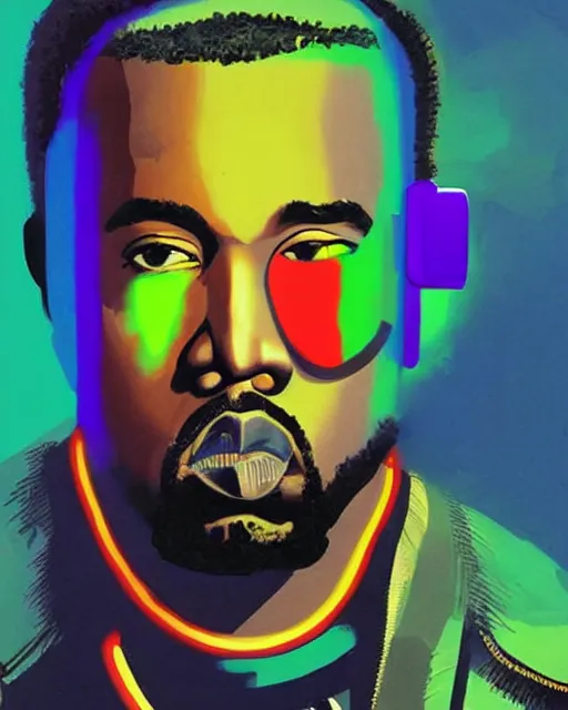 Image similar to kanye west as future coder man looking on, sleek cyclops display over eyes and sleek bright headphoneset, neon accent lights, holographic colors, desaturated headshot portrait digital painting by dean cornwall, rhads, john berkey, tom whalen, alex grey, alphonse mucha, donoto giancola, astronaut cyberpunk electric