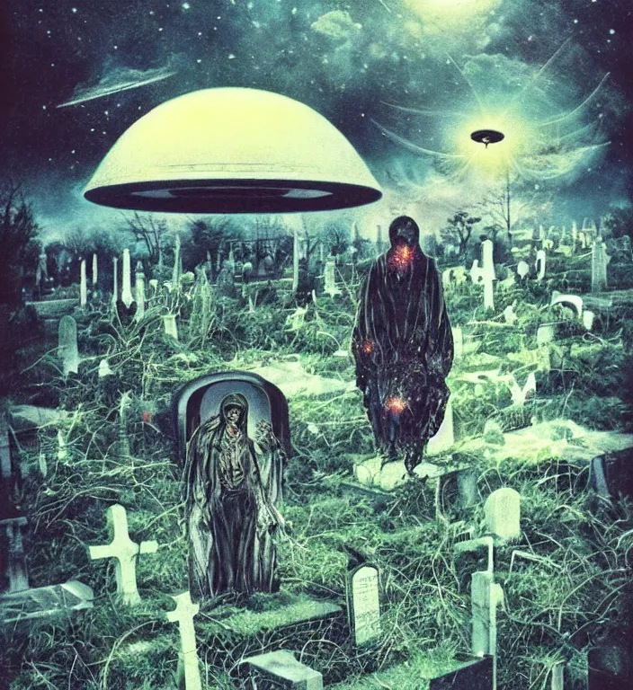 Prompt: a polaroid of a UFO over a abandoned cemetery from 90s by Laurie Lipton, grainy film kodak, by Ayami Kojima, Mark Brooks, rich deep colors. Beksinski painting, part by Adrian Ghenie and Gerhard Richter. art by Takato Yamamoto. masterpiece