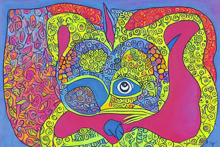 Prompt: beautiful art illustration of cat by laurel burch