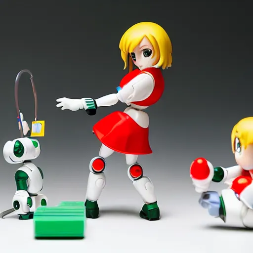 Image similar to photo of figma figures in a diorama of a laboratory : : roll is repairing computers, and she is a cute female ball - jointed robot ( in the style of mega man ) with blonde hair with bangs and a ponytail tied with a green ribbon. she is wearing a red one - piece dress with a white collar, and red boots.