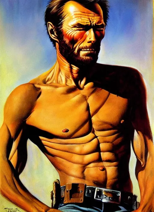 Prompt: portrait of clint eastwood the man with no name by frank frazetta