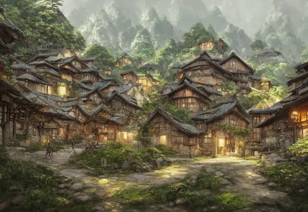 Image similar to concept art painting of a cozy village in a mountainous fantasy forested valley, historic european and japanese architecture, realistic, detailed, cel shaded, in the style of makoto shinkai and greg rutkowski and james gurney