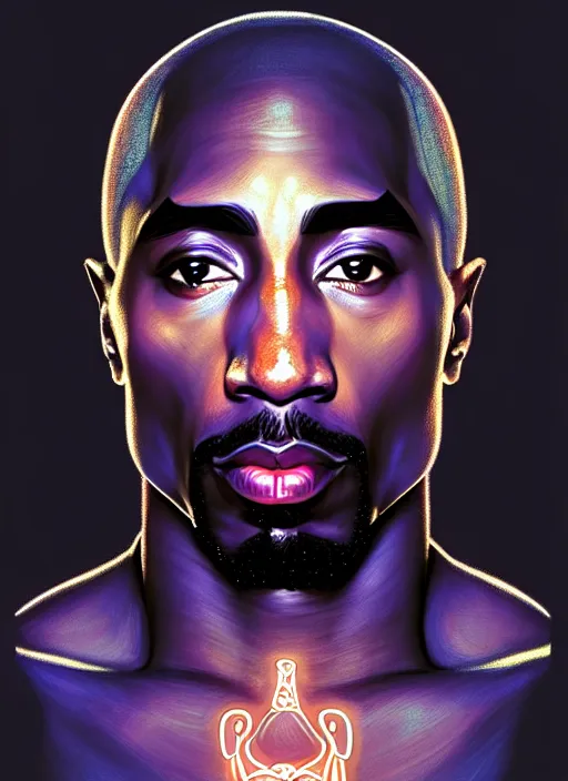 Image similar to symmetry!! portrait of tupac shakur, cottagecore!! fitness body, glowing lights!! intricate, elegant, highly detailed, digital painting, artstation, concept art, smooth, sharp focus, illustration, art by artgerm and greg rutkowski and alphonse mucha