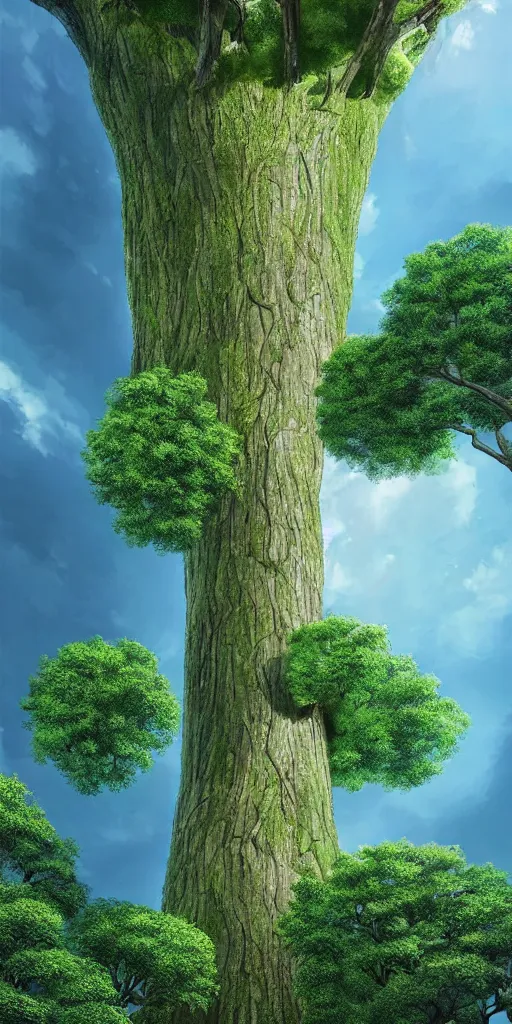 Image similar to an impossibly tall tree with an extremely long trunk and ( single pom - pom shaped canopy ) looming above a modern neighborhood, viewed from below, digital illustration by artgerm and rutkowski and kunstler, surreal, photorealistic