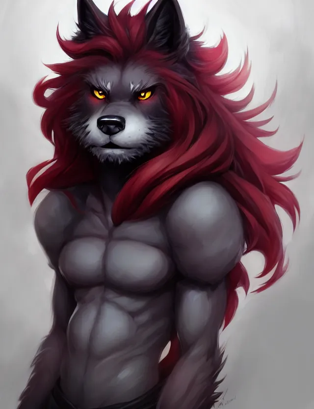 Image similar to character concept art of a black anthropomorphic male furry wolf long red hair | | cute - fine - face, pretty face, key visual, realistic shaded perfect face, fine details by stanley artgerm lau, wlop, rossdraws, james jean, andrei riabovitchev, marc simonetti, and sakimichan, trending on artstation