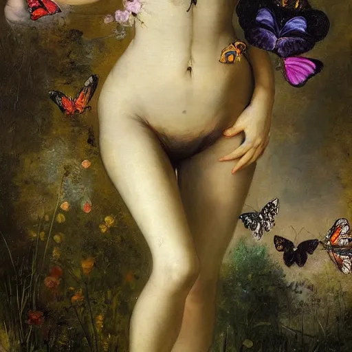 Prompt: an oil painting of a beautiful young girl posing for in the backdrop of lush meadows, flowers and little plants are growing on her body and face, and the girl is surrounded by butterflies, gloomy atmosphere, an award winning oil painting by Rembrandt