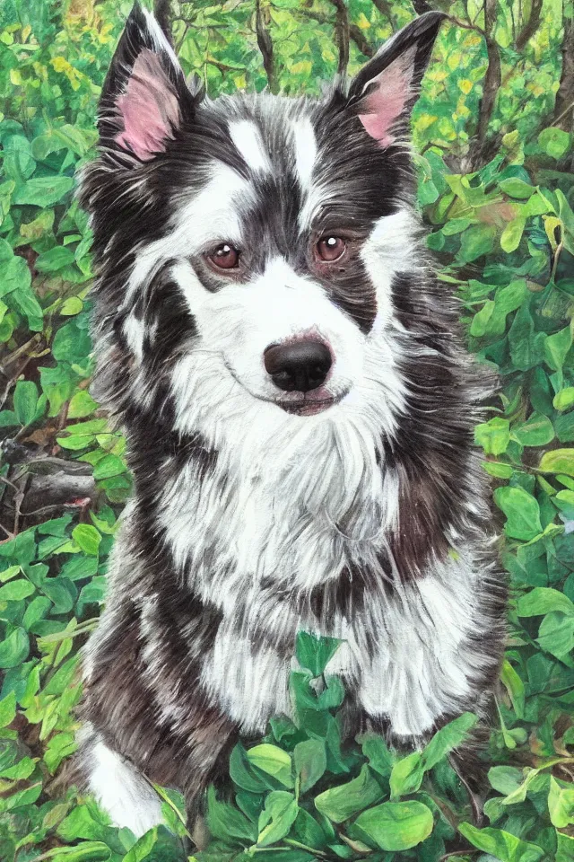 Prompt: painting of a cute merle border collie in the beautiful forest