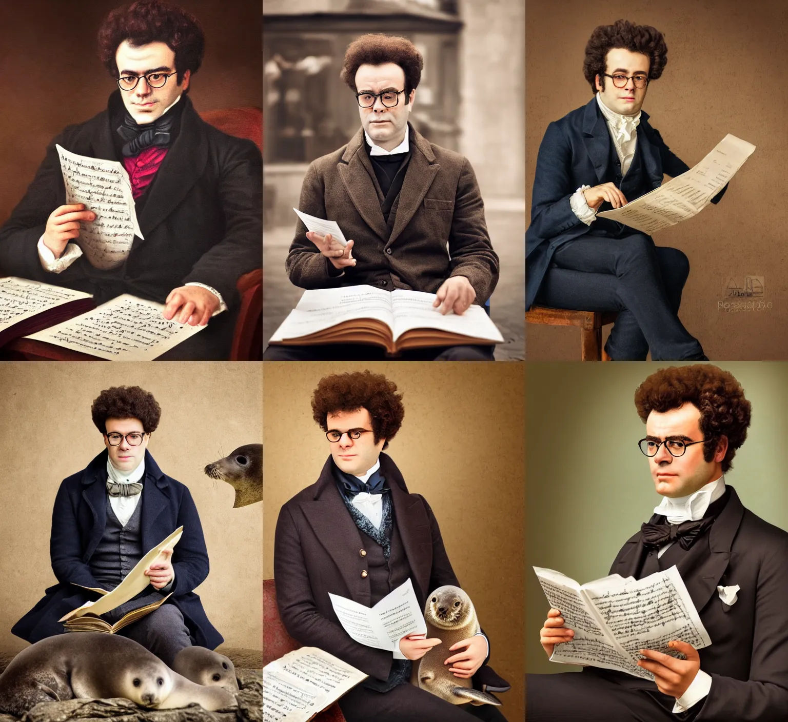 Prompt: professional fine detailed photo portrait of a man resembling franz schubert sitting at the cafe with a seal pup and reading musical sheet, franz schubert look alike with a seal pup, seal pup, rich colors, professional iphone photo, 4 k photo, instagram, realistic photo, detailed photo, very beautiful photo