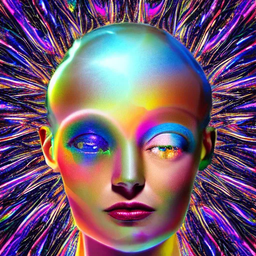 Image similar to a mind sitting in the center of a iridescent multi dimensional latent space conceptualizing our collectively designed divine imagination, 4 k, ultra high quality surrealism