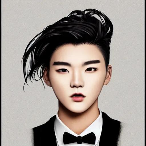 Image similar to portrait of a beautiful korean girl wearing a men's tuxedo, with short messy hair, men's haircut, angular features, angry expression, digital art, elegant pose, detailed illustration