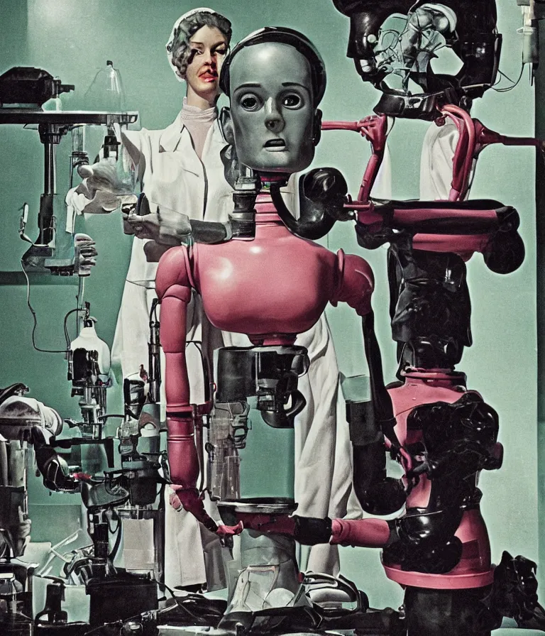 Prompt: a female mad scientist building a humanoid robot man, in a darkly lit laboratory room, 1 9 5 0 s horror film movie poster style, ( norman rockwell oil painting ), medium shot, close - up shot, retro science fiction, vintage, saturated pink and green lighting, shadowy lighting, cohesive