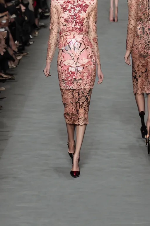 Image similar to valentino 2 0 1 3 floral, lace, geometric patterned, cybernetic fashion, dress, skirt & blouse