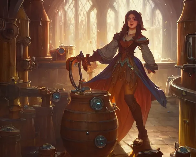 Image similar to bard in a brewery wearing informal clothing, deep focus, d & d, fantasy, intricate, elegant, highly detailed, digital painting, artstation, concept art, matte, sharp focus, illustration, hearthstone, art by artgerm and greg rutkowski and alphonse mucha