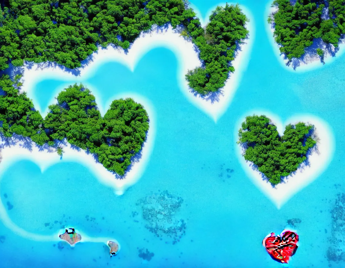 Prompt: realistic photograph of exotic tree heart / shaped island with blue lagoon, tranquil scene