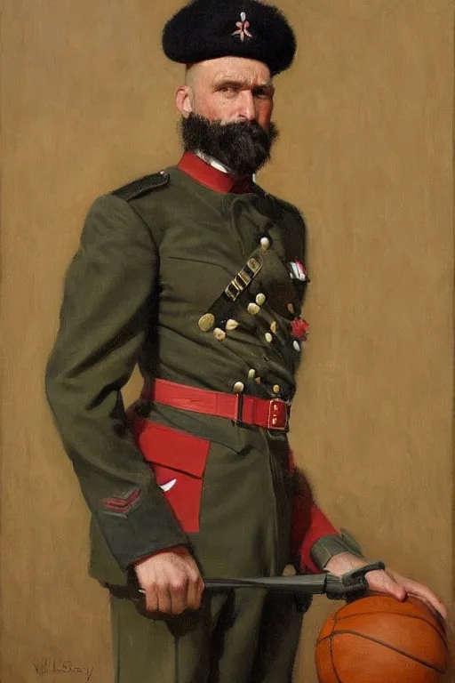 Image similar to full body portrait of the dictator of the toronto raptors, 1 8 8 9, in full military garb, oil on canvas by william sidney mount, trending on artstation