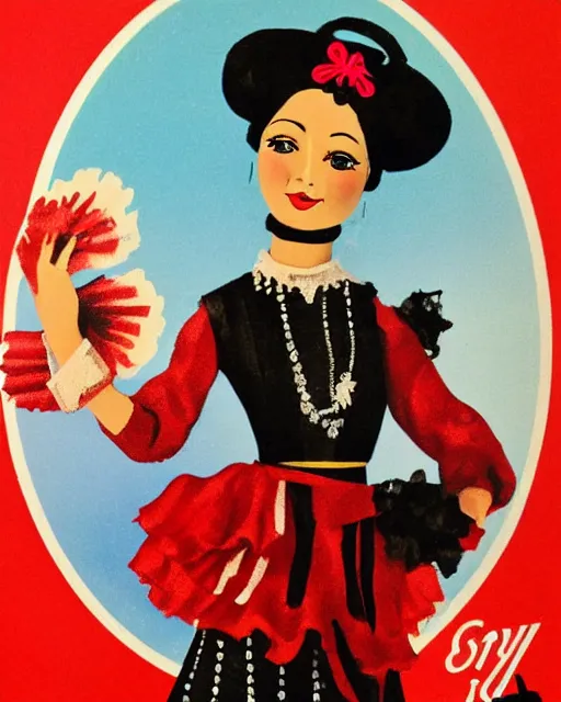 Prompt: an advertising poster of a flamenco gipsy marin doll, retro style of andalusian fair poster