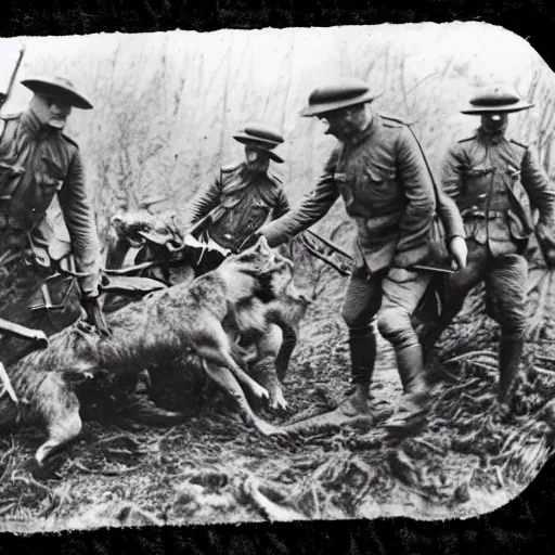 Image similar to WW1 trench with wolves attacking injured soldiers 1900s, horror photography